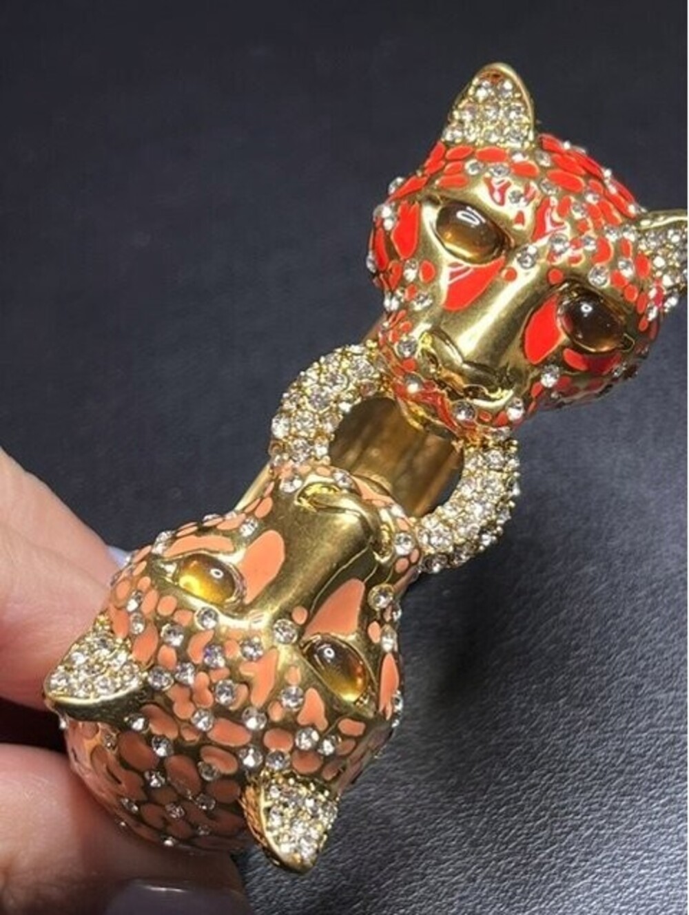 B6914 J.CREW Leopard Panther cat Hinged Bangle Enamel Rhinestone Gold Tone